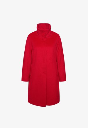 Roter Wollmantel mit hohem Kragen, langen Ärmeln und gerader Silhouette. Verfügt über seitliche Taschen und ein minimalistisches Design.