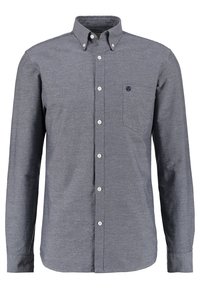 Dlouhý rukáv, košile na knoflíky z tmavě modré látky s jemným vzorem, se zahrnutou kapsou a malým logem na hrudi.