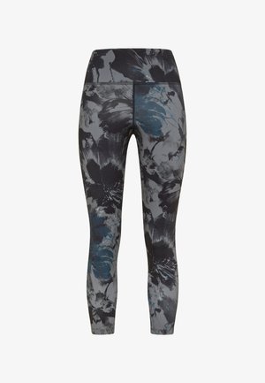Legginsy z wysokim stanem i pełnej długości z czarno-szarym abstrakcyjnym kwiatowym wzorem oraz dopasowanym krojem.