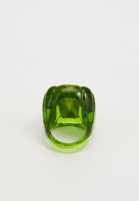 Green translucent resin ring with a rounded, sculptural design. Features a smooth texture and distinct inner measurements for sizing.