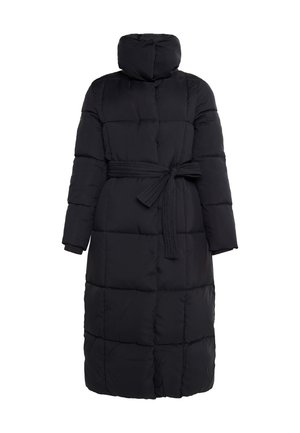 Piumino nero con colletto alto, vita aderente e maniche lunghe. Design a lunghezza ginocchio con motivo a rombi. Texture liscia.