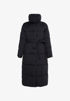 Piumino nero con colletto alto, vita aderente e maniche lunghe. Design a lunghezza ginocchio con motivo a rombi. Texture liscia.