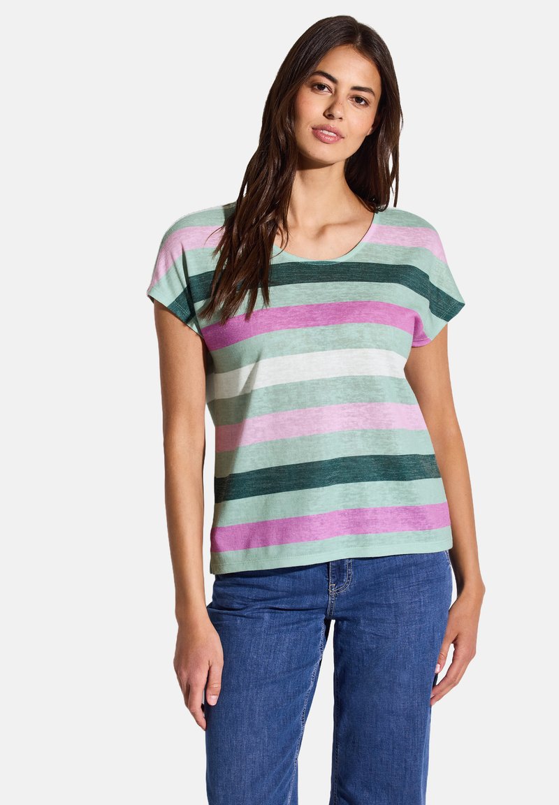 Pruhované tričko v tyrkysové, zelené, růžové a bílé barvě; krátké rukávy a kulatý výstřih; vyrobeno z lehké tkaniny s uvolněným střihem.