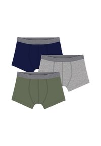 Σετ με τρία ανδρικά εσώρουχα τύπου boxer σε μπλε ναυτικό, ελιάς και γκρι χρώμα. Κάθε ένα διαθέτει ριγωτή ελαστική μέση και απαλό ύφασμα.