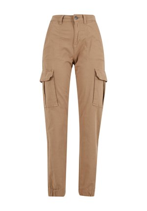 Šviesiai rudos cargo kelnės su siauru siluetu, turi dvi šonines kišenes ir elastinius raštus. Pagamintos iš patvarios medžiagos su siuvinėjimo detalėmis.