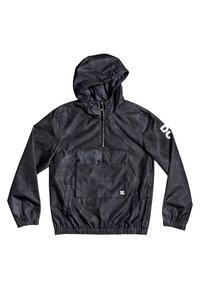 Black windbreaker with a hood, zippered front, large front pocket, elastic cuffs, and a logo on the sleeve. Smooth texture, lightweight material.