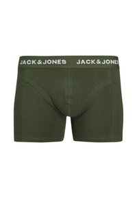 Dark green boxer briefs made of cotton, featuring a white branded elastic waistband with "JACK & JONES" repeating. Designed for a fitted shape.