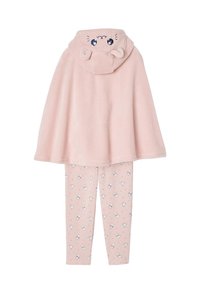 Soft pink hooded cape with animal face and ears on the hood, paired with matching pink leggings featuring small animal and star prints.