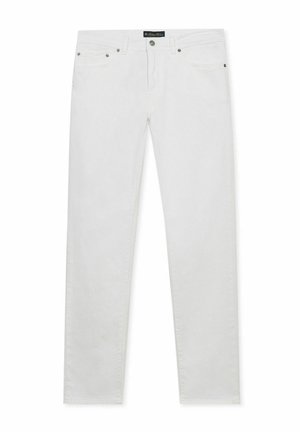 Weiße Jeans mit geradem Bein, vorn mit Knöpfen, Reißverschluss, Gürtelschlaufen und einem Fünf-Taschen-Design.