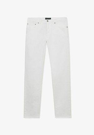 Białe jeansy o prostych nogawkach z przodem zapinanym na guziki, suwakiem, szlufkami na pasek oraz pięciokieszeniowym designem.