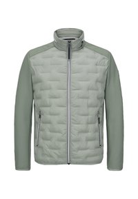 Hellgrüne, isolierte Jacke mit gesteppter Vorderseite, einfarbigen Ärmeln, hohem Kragen und zwei seitlichen Reißverschlusstaschen. Verfügt über einen Frontreißverschluss.