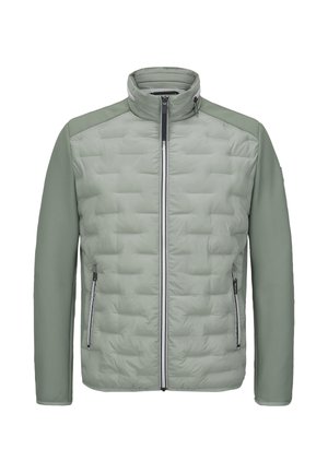 Hellgrüne, isolierte Jacke mit gesteppter Vorderseite, einfarbigen Ärmeln, hohem Kragen und zwei seitlichen Reißverschlusstaschen. Verfügt über einen Frontreißverschluss.