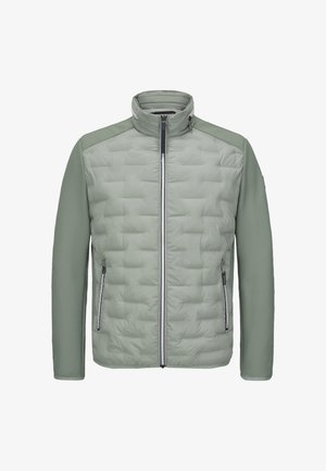 Hellgrüne, isolierte Jacke mit gesteppter Vorderseite, einfarbigen Ärmeln, hohem Kragen und zwei seitlichen Reißverschlusstaschen. Verfügt über einen Frontreißverschluss.