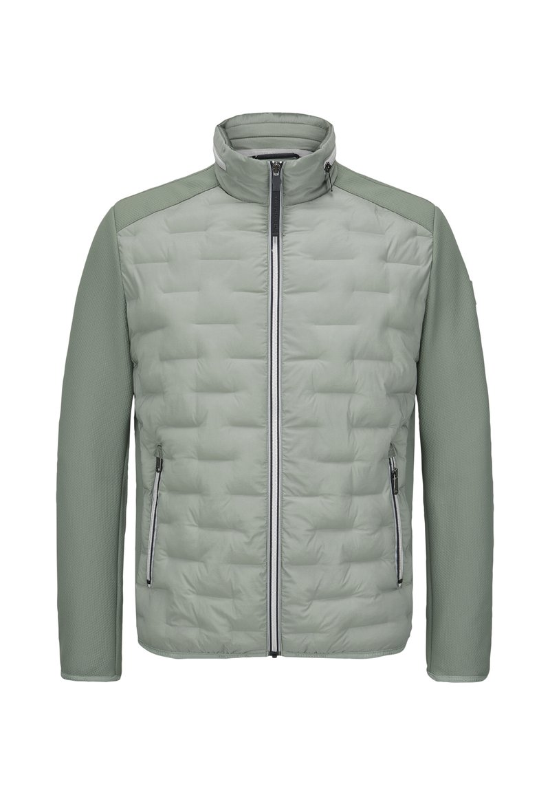 Hellgrüne, isolierte Jacke mit gesteppter Vorderseite, einfarbigen Ärmeln, hohem Kragen und zwei seitlichen Reißverschlusstaschen. Verfügt über einen Frontreißverschluss.