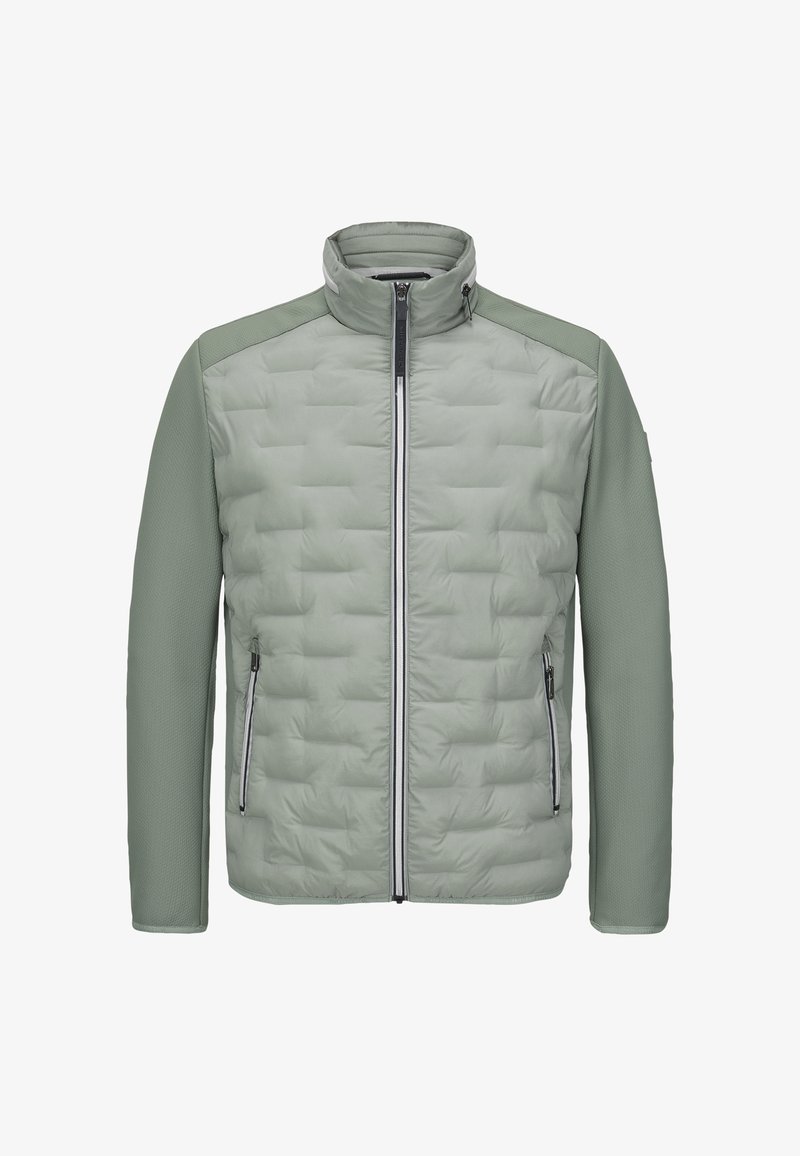 Hellgrüne, isolierte Jacke mit gesteppter Vorderseite, einfarbigen Ärmeln, hohem Kragen und zwei seitlichen Reißverschlusstaschen. Verfügt über einen Frontreißverschluss.