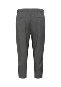 Pantalons tissés gris avec une taille élastique, longueur cropped, et deux poches arrière. Texture lisse et détails de motifs subtils.