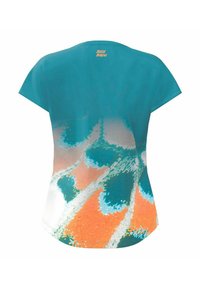 Camisa de manga corta en color teal con un diseño en degradado que presenta patrones abstractos en naranja y azul. Confeccionada en un tejido ligero y suave.