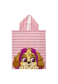 Pink hooded towel with striped pattern. Features a cartoon dog face in the center, with brown fur and large expressive eyes. Soft texture.