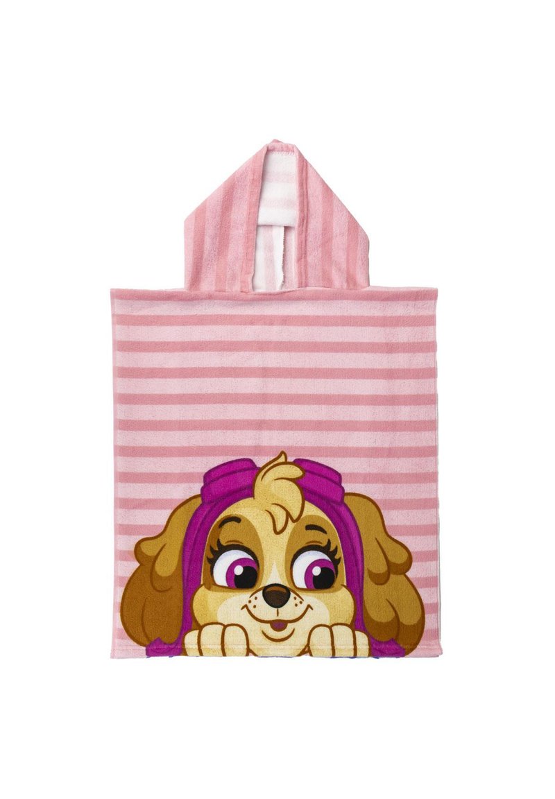Pink hooded towel with striped pattern. Features a cartoon dog face in the center, with brown fur and large expressive eyes. Soft texture.
