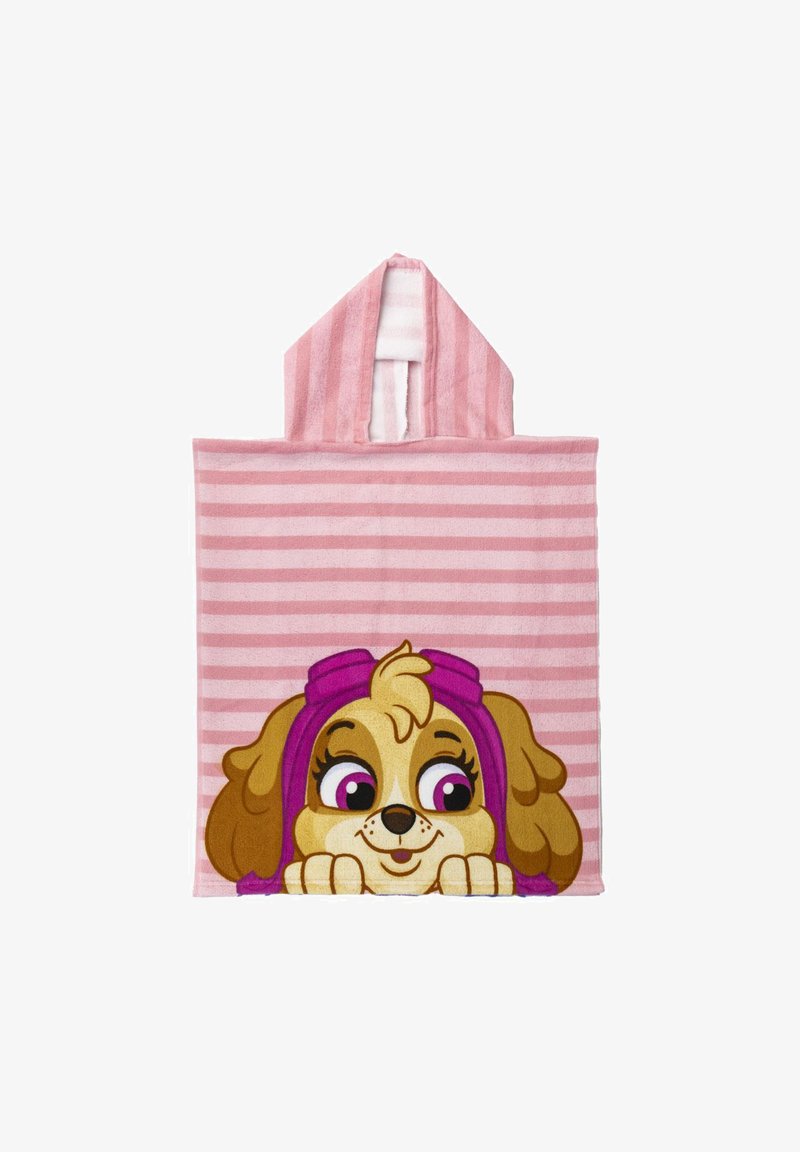 Toalla con capucha rosa y patrón a rayas. Presenta una cara de perro de dibujos animados en el centro, con pelaje marrón y grandes ojos expresivos. Textura suave.