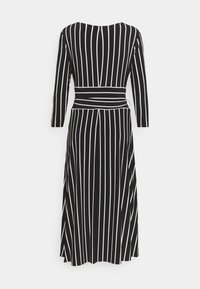 Černé midi šaty s dlouhými rukávy, vertikálními bílými pruhy a přiléhavým pasem, zobrazené zezadu na bílém pozadí.