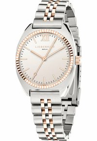 Zilverkleurig en roségouden RVS-horloge met een ronde wijzerplaat, minimalistisch ontwerp en schakelarmband. Heeft een lichte zilveren wijzerplaat en Romeins cijfer XII.