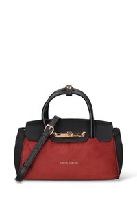 Rode en zwarte handtas gemaakt van suède en leer, met een gladde textuur, gouden slot en een afneembare band.