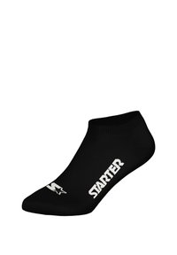 Schwarze Knöchelsocke aus einem glatten, dehnbarem Material mit weißem "STARTER"-Logo und einer kleinen Grafik. Einfaches Design ohne Muster.