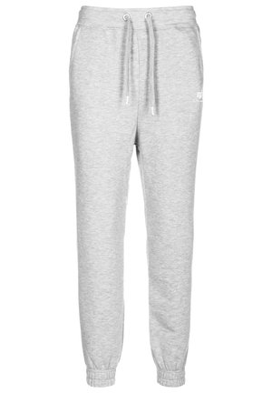 Gray sweatpants made from soft fabric, featuring an elastic waistband with drawstrings, and tapered cuffs at the ankles. Subtle logo detail.