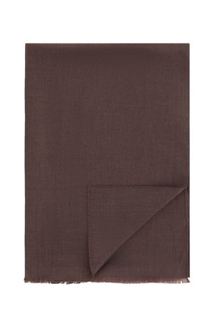 Écharpe rectangulaire brun foncé avec une texture douce et des bords légèrement effilochés, un coin replié.