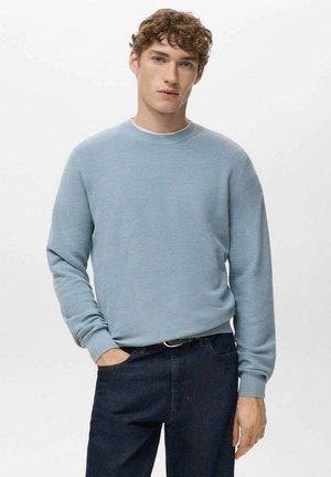 Pull bleu clair texturé avec un col rond et des manches longues, assorti à un pantalon en denim foncé. Design simple, adapté au style décontracté.