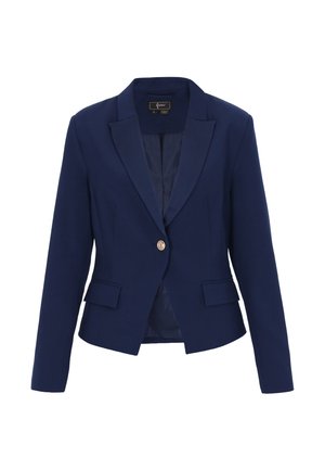 Granatowy damski żakiet z jednym przednim guzikiem, klapami z wycięciami, długimi rękawami i dwoma kieszeniami z patkami.