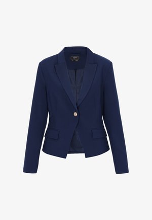 Sacou pentru femei bleumarin, cu un nasture frontal, rever cu crestătură, mâneci lungi și două buzunare cu clape.