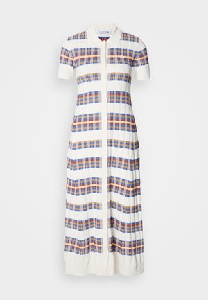 Knit dress featuring a white base with horizontal blue, orange, and red plaid stripes, short sleeves, and a button-down front.