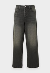 Mustad denim püksid lõdva istuvusega, kõrge vöökohaga, hõbedaste detailidega ja pleekinud tekstuuriga, millel on õrnad kortsud. Sirged sääred, ilma kaunistusteta.