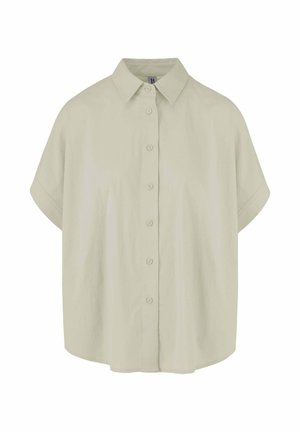 Beige overhemd met korte mouwen, knopen, kraag, losse pasvorm en eenvoudig design, weergegeven op een witte achtergrond.