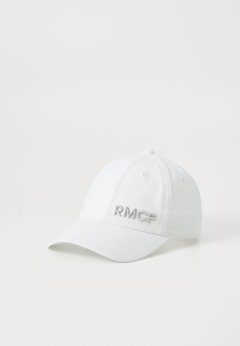 White baseball cap made of cotton with a curved brim and front panel embroidered with the letters "RMCF" in matching thread.