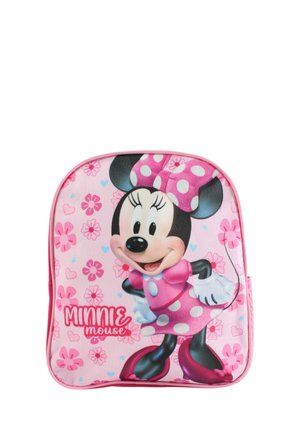 Sac à dos rose pour enfants avec Minnie Mouse en robe rose à pois et nœud, entourée de fleurs roses et bleues et de cœurs.
