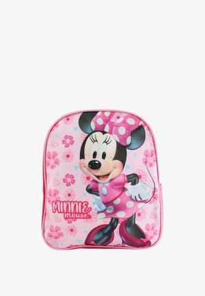 Sac à dos rose pour enfants avec Minnie Mouse en robe rose à pois et nœud, entourée de fleurs roses et bleues et de cœurs.
