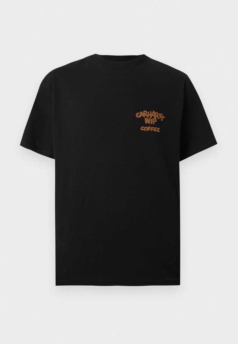 Schwarzes T-Shirt mit kurzen Ärmeln und kleinem braunen Schriftzug „Carhartt WIP Coffee“ auf der linken Brustseite.