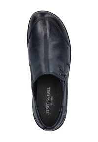 Navy leather shoe with a rounded toe, smooth texture, elastic goring for fit, and branding on the insole. Minimalist design with low profile.