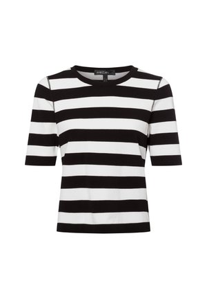 Black and white striped short-sleeve top with a round neckline, featuring a soft texture and evenly spaced horizontal stripes.