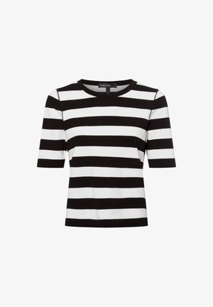 Black and white striped short-sleeve top with a round neckline, featuring a soft texture and evenly spaced horizontal stripes.