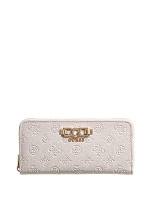 Portefeuille Guess beige clair avec motif de logo en relief et plaque de logo en métal doré sur le devant, fermeture éclair sur le côté.