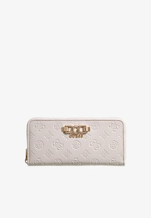 Portefeuille Guess beige clair avec motif de logo en relief et plaque de logo en métal doré sur le devant, fermeture éclair sur le côté.