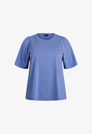 Modrá tričko s krátkym rukávom, okrúhlym výstrihom, voľným strihom a jemne textúrovanou látkou s jemným leskom.
