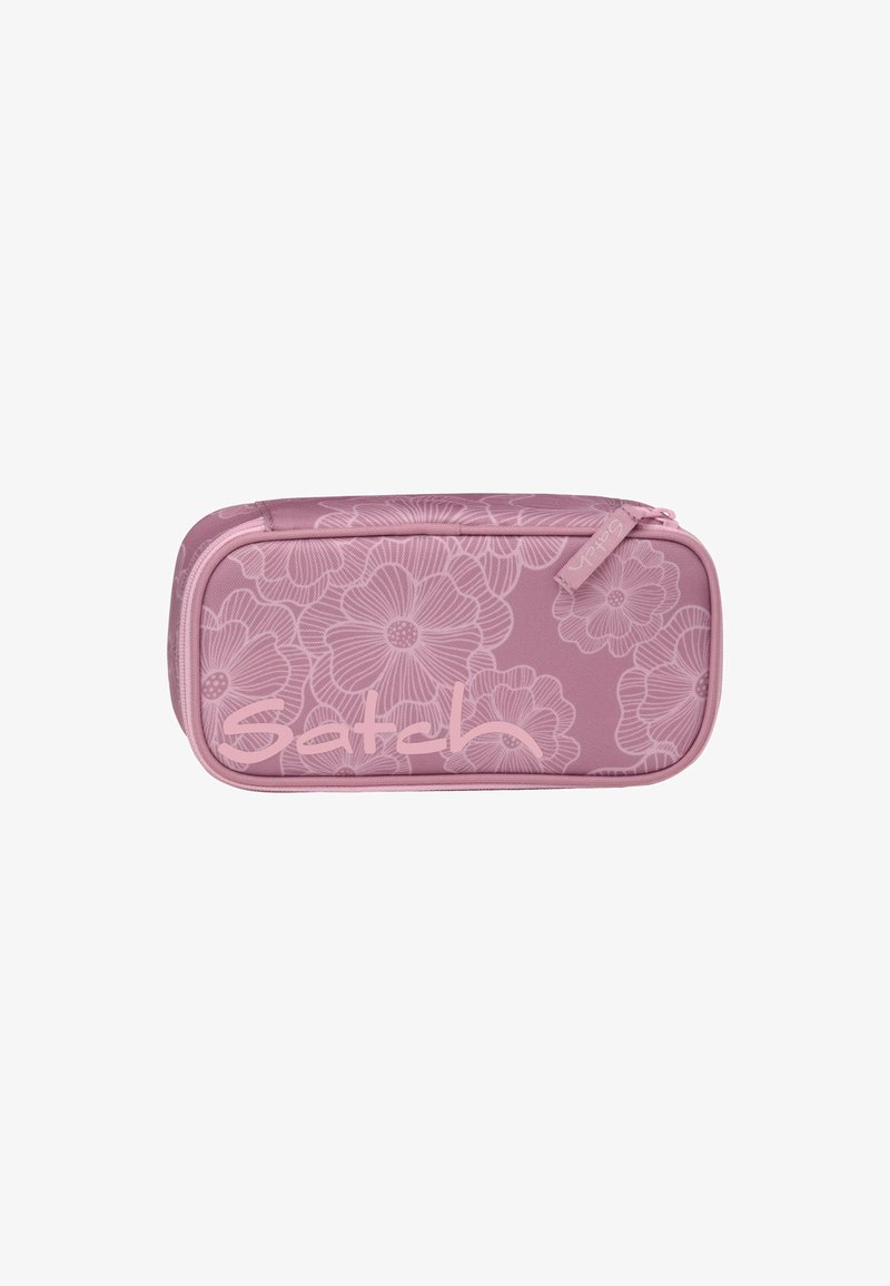 Trousse à crayons rectangulaire rose avec motif floral, fermeture éclair et logo "Satch" sur le devant.