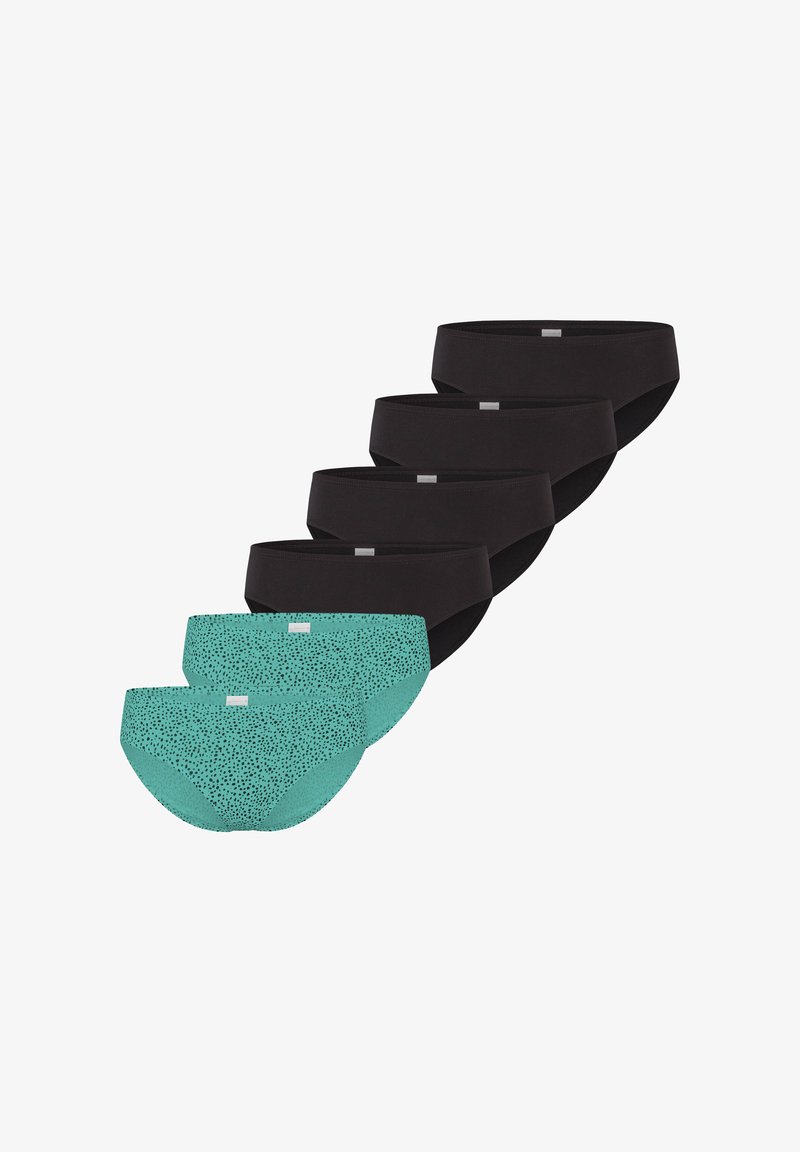 Cinque paia di mutandine da donna: tre nere in tessuto liscio, due turchesi con una fantasia a pois, tutte a vita bassa con ampie fasce elastiche in vita.