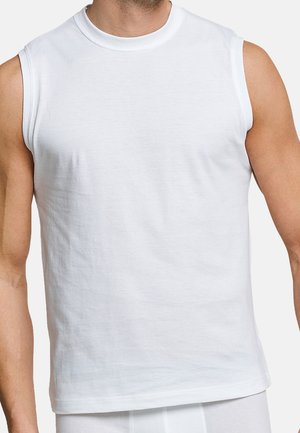T-shirt sans manches en coton blanc avec un col rond. Texture lisse et design simple, adapté pour un usage décontracté ou en superposition.