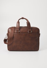 Brown leather briefcase with two top handles and a detachable shoulder strap. Features a zipper closure and a smooth texture.